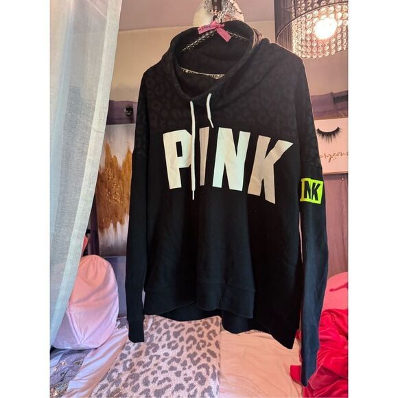 PINK Cowl/Funnel Neck Half Zip Pullover leopard print grey black neon - Picture 2 of 7